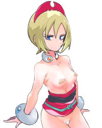 Rule 34 | 1girl, absurdres, akane badluck, areola slip, bandaid, bandaid on breast, blonde hair, blue eyes, blush, bottomless, bracelet, breasts, closed mouth, collar, collarbone, commentary request, covered erect nipples, creatures (company), eyelashes, game freak, hair between eyes, hat, highres, irida (pokemon), jewelry, maebari, medium breasts, neck ring, nintendo, pasties, pokemon, pokemon legends: arceus, red hat, red sash, sash, short hair, simple background, solo, white background