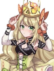 Rule 34 | bow, breasts, butterfly hair ornament, celine (fire emblem), commentary request, cross-laced clothes, cross-laced dress, crown, dress, dress bow, fire emblem, fire emblem engage, green eyes, hair ornament, leon0630claude, nintendo, orange bow, orange gemstone, orange wristband, princess, small breasts, sweatdrop, translation request, upper body, wrist bow, yellow dress