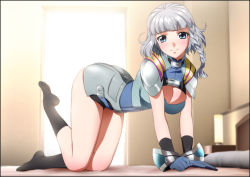 Rule 34 | 1girl, all fours, armor, banpresto, bed, blue eyes, braid, breasts, cleavage, feet, gloves, highres, large breasts, legs, looking at viewer, no shoes, pillow, seolla schweizer, short hair, smile, socks, solo, sunlight, super robot wars, thighs, white hair, yadokari genpachirou