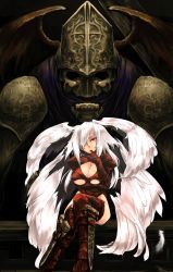 Rule 34 | 1girl, angel wings, bodysuit, boots, breasts, cleavage, crossed legs, dual persona, female focus, final fantasy, final fantasy tactics, finger to mouth, gloves, hair over one eye, head wings, large breasts, long hair, moku, moku (racie45bv), monster, red eyes, sitting, solo, sword, thigh boots, thighhighs, ultima (fft), underboob, very long hair, weapon, white hair, wings