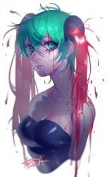 Rule 34 | 1girl, abeja, artist name, blood, fountain, green eyes, green hair, hatsune miku, highres, looking at viewer, matching hair/eyes, solo, strapless, twintails, upper body, vocaloid