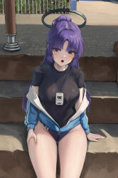 Rule 34 | 1girl, absurdres, black shirt, blue archive, blue jacket, blush, bolcham, breasts, cowboy shot, facial mark, gluteal fold, groin, halo, highres, id card, jacket, lanyard, large breasts, long hair, long sleeves, official alternate costume, official alternate hairstyle, open mouth, ponytail, purple eyes, purple hair, shirt, short sleeves, sitting, solo, stairs, star (symbol), yuuka (blue archive), yuuka (track) (blue archive)
