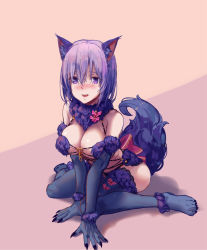 Rule 34 | 1girl, animal ears, arm support, blush, elbow gloves, fate/grand order, fate (series), fur trim, gloves, halloween costume, hfp~kubiao, highres, light purple hair, mash kyrielight, mash kyrielight (dangerous beast), official alternate costume, purple eyes, sitting, solo, tail, thighhighs, wariza, wolf ears, wolf tail