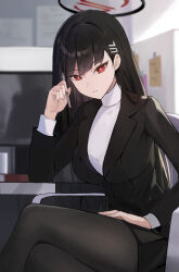 Rule 34 | 1girl, absurdres, black hair, black jacket, black pantyhose, black skirt, blazer, blue archive, blurry, blurry background, breasts, bright pupils, crossed legs, feet out of frame, halo, hand on own thigh, highres, holding, holding pen, indoors, jacket, jiang zhuti jiojio, large breasts, long hair, looking at viewer, miniskirt, monitor, on chair, pantyhose, pen, red eyes, rio (blue archive), sitting, skirt, solo, straight hair, sweater, very long hair, white pupils, white sweater