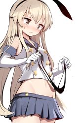 Rule 34 | 1girl, absurdres, black neckerchief, black panties, blonde hair, blue sailor collar, blue skirt, blush, breasts, brown eyes, closed mouth, crop top, elbow gloves, gloves, hair between eyes, hairband, highres, holding, holding clothes, holding panties, holding underwear, kantai collection, long hair, miniskirt, neckerchief, no panties, panties, sailor collar, shimakaze (kancolle), simple background, skirt, small breasts, solo, sweat, thong, underwear, very long hair, white background, white gloves