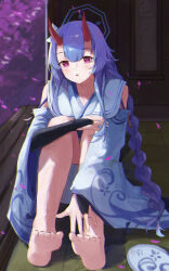 Rule 34 | 1girl, bare shoulders, barefoot, blue archive, blue hair, blush, braid, bridal gauntlets, chise (blue archive), collarbone, detached sleeves, highres, horns, jianjia, long hair, looking at viewer, open mouth, red eyes, red horns, sailor collar, scroll, sitting, soles, solo, toes, twin braids, white sailor collar, white sleeves, wide sleeves