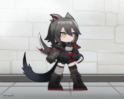 Rule 34 | 1girl, animal ear fluff, animal ears, ankle lace-up, arigiep, arknights, arm blade, armor, artist name, asymmetrical legwear, bare shoulders, belt, black armor, black hair, black jacket, black shorts, boots, buckle, chibi, commentary request, cross-laced footwear, fishnets, full body, gauntlets, hair between eyes, harness, jacket, knee boots, long bangs, medium hair, monster hunter (series), nargacuga, open clothes, open jacket, personification, pouch, scale armor, scarf, shorts, shoulder armor, sidelocks, snap-fit buckle, solo, swept bangs, tail, thigh pouch, two-sided fabric, two-sided jacket, two-tone footwear, weapon, wrist blades, yellow eyes