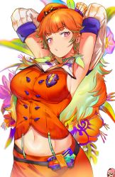 Rule 34 | 2girls, absurdres, armpits, belt, blunt bangs, breasts, chef hat, choker, collared shirt, colored inner hair, detached sleeves, earrings, feather earrings, feathers, floral background, gradient hair, green hair, hat, highres, hololive, hololive english, jewelry, long hair, looking at viewer, medium breasts, midriff, mori calliope, multicolored hair, multiple girls, navel, odyssey 21, open mouth, orange hair, orange headwear, orange skirt, parted lips, pink eyes, pink hair, shirt, signature, skirt, solo focus, sparkling eyes, stomach, streaked hair, sunglasses, suspender skirt, suspenders, takanashi kiara, virtual youtuber, white headwear