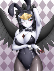 Rule 34 | 1girl, :t, alternate costume, animal ears, annoyed, arm behind head, arm up, armpits, bare shoulders, between breasts, black hair, black pantyhose, black wings, blush, bow, bowtie, breasts, card, card between breasts, checkered background, cleavage, collarbone, colored sclera, colored skin, covered navel, detached collar, duel monster, emblem, fabled grimro, fake animal ears, female focus, fingernails, green eyes, hair ornament, hairband, head tilt, hip focus, holding, holding card, jewelry, large breasts, leotard, long fingernails, long hair, long image, looking at viewer, multicolored eyes, nail polish, one eye closed, pantyhose, pataneet, playboy bunny, rabbit ears, red nails, red sclera, ring, shiny clothes, shiny skin, solo, standing, tall image, thigh gap, tiara, updo, white skin, wide hips, wings, wink, wrist cuffs, yu-gi-oh!, yu-gi-oh! duel monsters, yu-gi-oh (card)