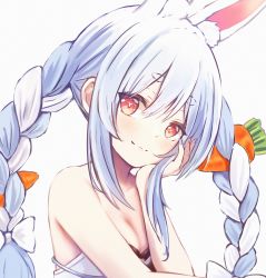 Rule 34 | 1girl, animal ear fluff, animal ears, bare shoulders, blue hair, bow, braid, breasts, carrot, cleavage, closed mouth, collarbone, hair between eyes, hair bow, hand on own face, hands up, highres, hikimayu, hololive, huge filesize, long hair, looking at viewer, medium breasts, pikao, rabbit ears, rabbit girl, sidelocks, sleeveless, smile, solo, twin braids, upper body, usada pekora, usada pekora (1st costume), virtual youtuber, white background