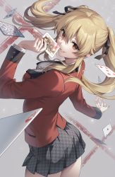 Rule 34 | 1girl, absurdres, black ribbon, black skirt, blonde hair, breasts, card, from side, gomashio ponz, grey background, hair ribbon, highres, holding, holding card, kakegurui, large breasts, long hair, long sleeves, miniskirt, pleated skirt, red eyes, red shirt, ribbon, saotome mary, shirt, skirt, smile, solo, teeth, twintails