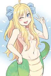 Rule 34 | ahoge, blonde hair, blue eyes, breasts, fangs, hair over breasts, highres, jashin-chan, jashin-chan dropkick, lamia, linne (ruielinne), long hair, monster girl, navel, one eye closed, open mouth, small breasts, smile, topless, v