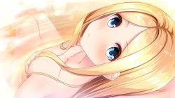 Rule 34 | 1girl, agnes avril, blonde hair, blue eyes, blush, breasts, closed mouth, collarbone, from above, game cg, go-1, lens flare, long hair, looking at viewer, nipples, nude, otome to fureau hitotsu yane no shita, parted bangs, partially submerged, pov, small breasts, solo focus, sparkle, straight hair, water