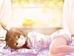 Rule 34 | 1girl, absurdres, amiya (arknights), animal ears, arknights, bare legs, bare shoulders, bed, blush, breasts, brown hair, choker, cleavage, commentary request, curtains, feet out of frame, green eyes, hand up, highres, index finger raised, indoors, jewelry, long hair, looking at viewer, lying, medium breasts, naked shirt, no pants, off shoulder, on side, pillow, rabbit ears, ring, shirt, sleeves past wrists, smile, solo, thighs, ttopang, white shirt, window