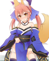Rule 34 | 1girl, :o, absurdres, aged down, animal ear fluff, animal ears, bare shoulders, black thighhighs, blush, brown eyes, commentary request, extra ears, fate/extra, fate (series), fox ears, fox girl, fox tail, hair between eyes, haryuu (poetto), highres, long hair, long sleeves, looking at viewer, open mouth, panties, panty pull, pink hair, solo, tail, tamamo (fate), tamamo no mae (fate/extra), thighhighs, twintails, underwear, white panties, wide sleeves