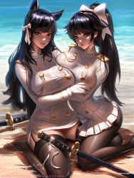 Rule 34 | 2girls, aiguillette, animal ears, asymmetrical docking, atago (azur lane), azur lane, beach, black hair, black legwear, blush, bow, breast press, breasts, brown eyes, closed mouth, commentary, day, english commentary, extra ears, garter straps, gloves, hair bow, hair flaps, hair ribbon, highres, hug, katana, kneeling, large breasts, liang xing, long hair, looking at viewer, military, military uniform, miniskirt, mole, mole under eye, multiple girls, no shoes, ocean, outdoors, pantyhose, parted lips, patreon username, ponytail, ribbon, sand, sheath, sheathed, sitting, skindentation, skirt, smile, swept bangs, sword, takao (azur lane), thighhighs, uniform, very long hair, wariza, weapon, wet, wet clothes, white bow, white ribbon