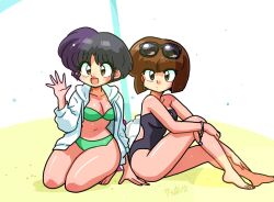 Rule 34 | 2girls, :d, arm support, ass, backless swimsuit, bare shoulders, barefoot, beach, beach umbrella, bikini, black hair, black one-piece swimsuit, blunt bangs, blunt ends, bob cut, bracelet, breasts, brown eyes, brown hair, cleavage, closed mouth, collarbone, commentary, dot mouth, drawstring, eyewear on head, from side, full body, green bikini, hand up, hands on own legs, hood, hood down, hoodie, jewelry, kneeling, knees up, light particles, long sleeves, looking at viewer, looking to the side, medium breasts, multiple girls, on ground, one-piece swimsuit, open clothes, open hoodie, open mouth, raised eyebrows, ranma 1/2, sand, shiny skin, short hair, siblings, side-by-side, sisters, sitting, smile, spread fingers, strapless, strapless one-piece swimsuit, sunglasses, swimsuit, symbol-only commentary, tendou akane, tendou nabiki, toes, umbrella, wanta (futoshi), waving, white background, white hoodie