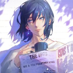 Rule 34 | 1boy, black hair, blue eyes, chainsaw man, coffee mug, cup, ear piercing, earrings, hair between eyes, hayakawa aki, highres, holding, holding cup, holding newspaper, jewelry, kozzz y, looking to the side, medium hair, mug, newspaper, piercing, simple background, single earring, solo, sweater, white background, white sweater