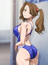 Rule 34 | 10s, 1girl, ass, breasts, brown hair, curvy, gundam, gundam build fighters, gundam build fighters try, highres, large breasts, looking back, monteriakitto, sazaki kaoruko, school swimsuit, solo, swimsuit, twintails, yellow eyes