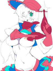 Rule 34 | 1girl, aqua eyes, breasts, gloves, hat, large breasts, long hair, looking at viewer, metata, navel, nipples, one eye closed, open mouth, original, pale skin, pink gloves, pink hat, shadow, simple background, skirt, smile, solo, upper body, white background, white hair