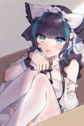 Rule 34 | 1girl, :p, animal ears, azur lane, bare shoulders, blue eyes, blue hair, box, breasts, cat ears, cheshire (azur lane), detached sleeves, highres, looking at viewer, maid headdress, medium breasts, necktie, paw pose, poho, purple hair, scrunchie, sitting, solo, thighhighs, tongue, tongue out, white thighhighs, wrist scrunchie