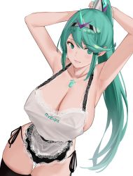 Rule 34 | 1girl, apron, areola slip, armpits, arms behind head, arms up, bare shoulders, black panties, black thighhighs, blush, breasts, chest jewel, cleavage, collarbone, female focus, green eyes, green hair, hair ornament, high ponytail, highres, j@ck, lace trim, large breasts, long hair, looking at viewer, matching hair/eyes, nintendo, panties, pneuma (xenoblade), ponytail, sideboob, sidelocks, simple background, solo, spoilers, swept bangs, thighhighs, thighs, tiara, underwear, very long hair, white apron, white background, xenoblade chronicles (series), xenoblade chronicles 2