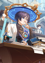 Rule 34 | 1girl, 2boys, :t, absurdres, black hair, black shirt, blue eyes, blue headwear, blue ribbon, blunt ends, book, book stack, bridal gauntlets, chandelier, closed mouth, covered collarbone, eyeshadow, genshin impact, gold trim, hair between eyes, hand up, hat, highres, holding, holding quill, indoors, jacket, japanese clothes, jingasa, looking away, makeup, multiple boys, open book, open clothes, open jacket, parted bangs, pom pom (clothes), quill, raised eyebrows, red eyeshadow, ribbon, scaramouche (genshin impact), shirt, short hair, short sleeves, sidelocks, sitting, table, upper body, vision (genshin impact), wanderer (genshin impact), weiyiver, white jacket, window
