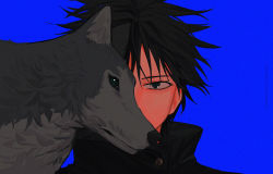 Rule 34 | 1boy, animal, black hair, black jacket, blue background, buttons, eyelashes, fushiguro megumi, green eyes, hair between eyes, high collar, highres, jacket, jujutsu kaisen, k00s, looking at viewer, male focus, portrait, short hair, simple background, spiked hair, symbol-only commentary, wolf