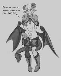 Rule 34 | 1boy, alp (monster girl encyclopedia), androgynous, areola slip, artist request, boots, demon, demon boy, drawfag, english text, erection, full body, girly boy, highres, horns, imageboard desourced, jpeg artifacts, knees together feet apart, looking at viewer, mars symbol, midriff, monster boy, monster girl encyclopedia, navel, necktie, non-web source, penis, pointy ears, shorts, testicles, venus symbol, wings