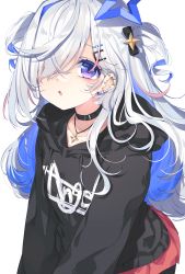 Rule 34 | 1girl, :o, amane kanata, black choker, black hoodie, blue hair, chiyonekoko, choker, clothes writing, colored inner hair, commentary request, ear piercing, earrings, hair ornament, hair over one eye, hairclip, halo, highres, hololive, hood, hood down, hoodie, jewelry, long hair, long sleeves, looking at viewer, multicolored hair, necklace, parted lips, piercing, pink hair, purple eyes, silver hair, simple background, solo, star (symbol), star halo, star necklace, two side up, upper body, virtual youtuber, white background