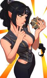 Rule 34 | 1girl, baldur&#039;s gate, baldur&#039;s gate 3, bare shoulders, black hair, black pants, black shirt, braid, braided ponytail, breasts, caminukai, cleavage, closed mouth, commentary, dungeons &amp; dragons, elf, english commentary, freckles, green eyes, hair ornament, hand on own chin, highres, holding, icosahedron, lips, long hair, medium breasts, pants, pink lips, pointy ears, ponytail, scar, scar on face, shadowheart (baldur&#039;s gate), shirt, sleeveless, sleeveless shirt, solo, twitter username