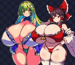 Rule 34 | + +, 2girls, :/, adapted costume, arm behind head, arms behind back, blush, bow, breasts, brown hair, bursting breasts, cameltoe, checkered background, cleavage, cleft of venus, covered erect nipples, detached sleeves, dress, eyebrows hidden by hair, eyelashes, frog hair ornament, gigantic breasts, green eyes, green hair, hair bow, hair ornament, hair ribbon, hair tubes, hakurei reimu, hand on own hip, highres, huge breasts, japanese clothes, kochiya sanae, kyosuke fujiwara, long hair, long sleeves, looking at viewer, looking to the side, miko, multiple girls, navel, open clothes, open dress, pixel art, red eyes, ribbon, smile, standing, thick thighs, thighhighs, thighs, thong, touhou, unamused, underboob, wide hips