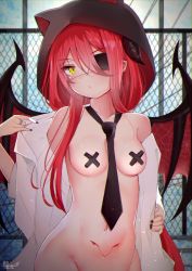 Rule 34 | :/, bare shoulders, between breasts, black nails, black neckwear, blush, breasts, chain-link fence, closed mouth, collarbone, commentary, cowboy shot, day, demon girl, demon horns, demon wings, detached hood, ear piercing, english commentary, eyepatch, fence, groin, hair between eyes, highres, hood, hood up, horns, jewelry, long hair, looking at viewer, nail polish, naked shirt, navel, navel piercing, necktie, necktie between breasts, no bra, no panties, off shoulder, one eye covered, original, out-of-frame censoring, outdoors, pasties, piercing, pubic tattoo, red hair, red wings, ring, sana hamada, shirt, signature, silk, small breasts, spider web, tattoo, very long hair, wings, yellow eyes