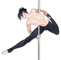 Rule 34 | 1boy, androgynous, arched back, artist request, barefoot, black hair, black shirt, facial mark, feet, folded ponytail, long hair, male focus, one-punch man, onsoku no sonic, parted lips, pole, pole dancing, scar, shirt, topless male, soles, solo, toeless legwear, toes