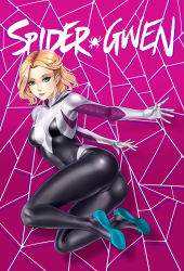 Rule 34 | 1girl, absurdres, ass, ballet slippers, blonde hair, blue eyes, bodysuit, breasts, character name, commentary, full body, gradient background, gwen stacy, highres, lips, long sleeves, looking at viewer, marvel, medium breasts, medium hair, parted lips, shiny clothes, simple background, skin tight, smile, solo, spider-gwen, spider-man (series), titiartwork, turtleneck
