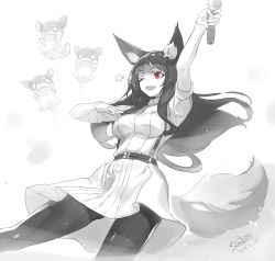 Rule 34 | 1girl, ;d, absurdres, animal ears, arm up, balloon, breasts, commentary request, dated, dress, floating hair, fox ears, fox girl, fox tail, gloves, greyscale, has bad revision, has downscaled revision, highres, holding, holding microphone, long hair, looking away, md5 mismatch, medium breasts, microphone, monochrome, one eye closed, open mouth, original, outstretched arm, pantyhose, red eyes, resolution mismatch, sanbasou, short sleeves, signature, smile, solo, source smaller, spot color, star (symbol), tail, teeth, upper teeth only, very long hair