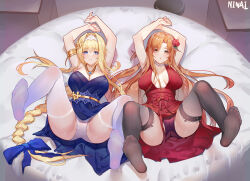 Rule 34 | 2girls, alice zuberg, arms up, asuna (sao), bare arms, bare shoulders, black thighhighs, blonde hair, blue dress, blue eyes, blue ribbon, braid, breasts, brown eyes, brown hair, dress, evening gown, feet, feet up, female focus, flower, formal, french braid, full body, gown, hair flower, hair ornament, hairclip, highres, jewelry, leggings, legs up, long hair, looking at viewer, lying, medium breasts, multiple girls, necklace, ninai, no bra, no shoes, on back, open mouth, over-kneehighs, pantyhose, ponytail, red dress, red flower, red rose, red skirt, ribbon, rose, skirt, smile, soles, sword art online, sword art online: alicization, thighhighs, thighs, toes, very long hair, white leggings, white pantyhose, white thighhighs, yuri