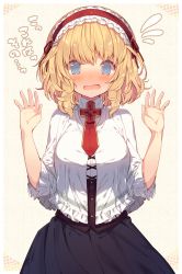 Rule 34 | 1girl, @ @, alice margatroid, alternate costume, black skirt, blonde hair, blue eyes, blush, breasts, capelet, corset, embarrassed, flying sweatdrops, hairband, hands up, highres, long sleeves, looking at viewer, medium breasts, necktie, open mouth, red necktie, short hair, skirt, solo, standing, touhou, translation request, usamata