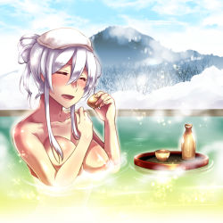 Rule 34 | 1girl, blush, bottle, breasts, caffein, closed eyes, commentary, commission, cup, day, hair bun, large breasts, medium hair, mountain, nude, onsen, open mouth, outdoors, partially submerged, sake bottle, silver hair, single hair bun, skeb commission, smile, solo, steam, towel, towel on head, tray, upper body, vocaloid, yowane haku