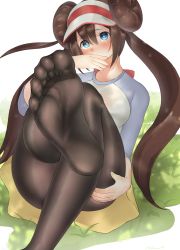 Rule 34 | 1girl, absurdres, bad id, bad pixiv id, blue eyes, blush, brown hair, brown pantyhose, covering own mouth, creatures (company), double bun, foot focus, foreshortening, game freak, hair bun, highres, long hair, nintendo, no shoes, pantyhose, pokemon, pokemon bw2, rosa (pokemon), shirt, sitting, skirt, sleeves past elbows, soles, solo, take (take143000), toes, twintails, white background, white shirt, yellow skirt