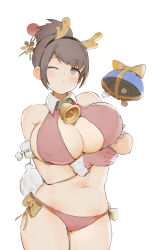Rule 34 | 1girl, bare shoulders, bell, bikini, black hair, blush, bow, breasts, cleavage, collar, collared bikini, covered erect nipples, cowboy shot, drone, fur trim, gaoerji, gloves, grey eyes, hair bun, hairband, highres, large breasts, mei (overwatch), navel, one eye closed, orange bow, overwatch, overwatch 1, red bikini, red gloves, robot, sideboob, simple background, single hair bun, snowball (overwatch), solo, swept bangs, swimsuit, white background, yellow bow