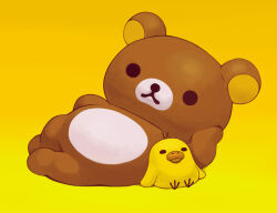 arm_support bird chick commentary_request kiiroitori lying no_humans on_side photoshop_(medium) rilakkuma sakkan san-x simple_background stuffed_animal stuffed_toy teddy_bear yellow_background