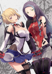 Rule 34 | 2girls, artist request, backpack, bag, bare shoulders, blonde hair, blue skirt, breasts, claire victorious, cleavage, god eater, god eater 3, goggles, goggles around neck, gradient hair, green eyes, grey hair, highres, large breasts, leotard, leotard under clothes, long hair, looking at viewer, lulu baran, medium breasts, miniskirt, multicolored hair, multiple girls, official art, open mouth, page number, parted bangs, pleated skirt, purple hair, red eyes, red leotard, scan, scar, scar across eye, scar on face, short hair, simple background, skirt, standing, thighhighs