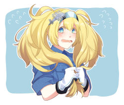 Rule 34 | 1girl, blonde hair, blue background, blue eyes, blue shirt, breast pocket, collared shirt, crying, crying with eyes open, flying sweatdrops, gambier bay (kancolle), gloves, hair between eyes, hairband, kantai collection, multicolored clothes, multicolored gloves, open mouth, pocket, shirt, short sleeves, solo, tanaka io (craftstudio), tears, twintails, two-tone background, upper body