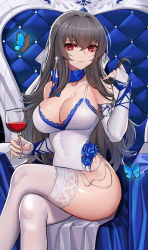 Rule 34 | 1girl, absurdres, alcohol, armlet, azur lane, bare shoulders, black hair, blue neckwear, blue ribbon, blush, breasts, bridal gauntlets, bug, butterfly, cleavage, closed mouth, collarbone, covered navel, cross, crossed legs, cup, dress, drinking glass, eternity (shadeh), highres, holding, holding cup, insect, large breasts, long hair, looking at viewer, mole, mole under eye, pelvic curtain, red eyes, ribbon, ringed eyes, saint-louis (azur lane), saint-louis (holy knight&#039;s resplendence) (azur lane), sitting, sleeveless, sleeveless dress, smile, solo, thighhighs, thighs, throne, very long hair, white dress, white thighhighs, wine, wine glass
