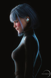 Rule 34 | 1girl, 3d, absurdres, android, arms at sides, artist name, belt, black background, black bodysuit, blue eyes, blunt bangs, bob cut, bodysuit, breasts, cable, dylan kowalski, earplugs, eyelashes, from side, glowing, glowing eyes, highres, light smile, lips, looking away, makeup, mascara, mole, nose, original, parted lips, profile, realistic, short hair, silver hair, simple background, skin tight, small breasts, solo, standing, teeth