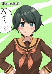 Rule 34 | 1girl, black hair, brown sailor collar, brown serafuku, brown shirt, commentary request, green background, green eyes, hands on own hips, highres, kantai collection, kurano kisuke, looking at viewer, mogami (kancolle), mogami kai ni (kancolle), neckerchief, one-hour drawing challenge, orange neckerchief, sailor collar, school uniform, serafuku, shirt, short hair, smile, solo, swept bangs, twitter username, upper body