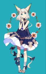 Rule 34 | 1girl, animal ears, ankle ribbon, bad id, bad twitter id, bare arms, blue background, blue eyes, blue ribbon, bow, dress, full body, gem, grey hair, head tilt, leg ribbon, leg tattoo, long hair, looking at viewer, original, own hands together, ribbon, sandals, simple background, sleeveless, sleeveless dress, smile, solo, standing, tail, tail bow, tail ornament, tattoo, touzai (poppin phl95), wrist ribbon