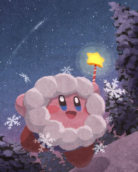 Rule 34 | blue eyes, blush stickers, comet, copy ability, forest, freeze kirby, highres, holding, holding wand, kirby, kirby (series), miclot, nature, nintendo, no humans, open mouth, outdoors, pink footwear, shoes, sky, smile, snow, snowflakes, star (sky), star wand, starry sky, tree, wand, winter