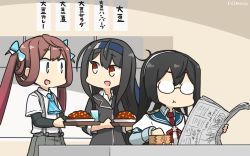 Rule 34 | 3girls, arm warmers, asagumo (kancolle), ascot, black hair, blazer, blue headband, blue sailor collar, box, brown hair, commentary request, cowboy shot, curry, curry rice, dated, eating, food, glasses, grey eyes, grey skirt, hair ribbon, hairband, hamu koutarou, hatsushimo (kancolle), headband, highres, jacket, kantai collection, long hair, low-tied long hair, masu, multiple girls, newspaper, one-hour drawing challenge, ooyodo (kancolle), opaque glasses, pleated skirt, reading, red ascot, red eyes, ribbon, rice, sailor collar, school uniform, semi-rimless eyewear, serafuku, shirt, sign, skirt, suspender skirt, suspenders, table, translation request, tray, twintails, under-rim eyewear, upper body, white shirt